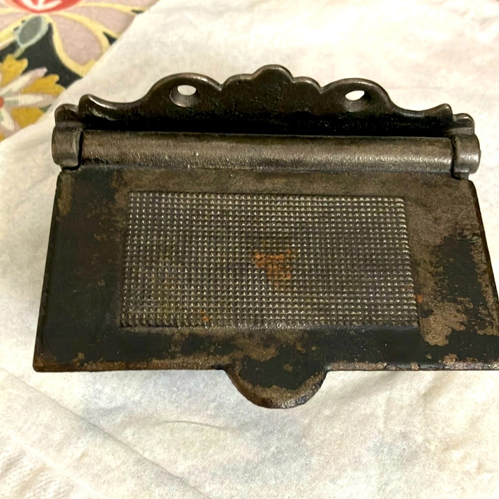 ANTIQUE STICK MATCH CELLAR/SAFE CAST METAL HINGED LID  TAB HOLES FOR WALL HANG